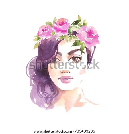 Girl in wreath. Romantic watercolor illustration. Female face, watercolor painting