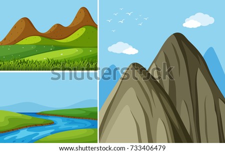 Three mountain scenes with river and field illustration