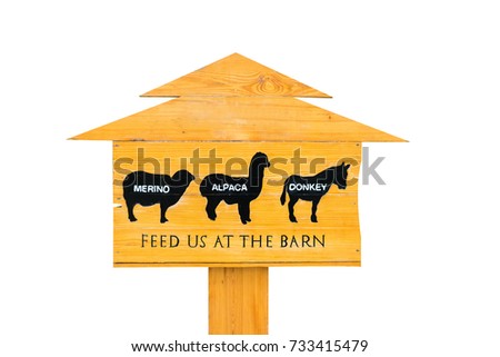 Feed us at the barn, warning sign at the farm isolated on white background.
Merino, Alpaca, Donkey in warning sign.