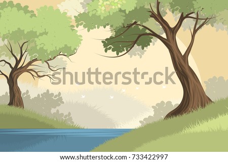 Lake and forest scene vector nature landscape background