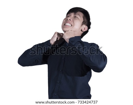 Business man with navy blue shirt has trying to button up of navy blue shirt. Business man isolated on white background.