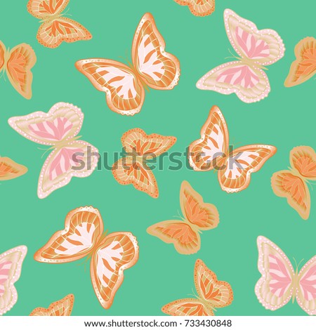 Seamless background from bright butterflies. Beautiful colorful butterflies chaotically fly. Seamless multicolored background with flying moths. Suitable for fabric, paper, packaging.