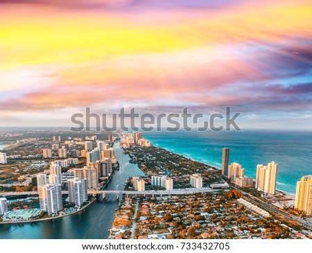 Causeway, river and skyline of Miami Beach, view from helicopter.