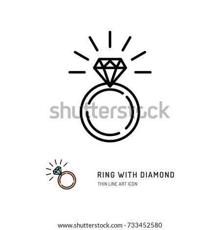 Ring With Diamond Icon, engagement and wedding ring. Line art design, Vector flat illustration