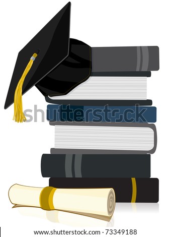 Graduation Cap on Book Stack with Diploma