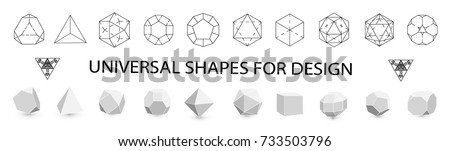 Geometric figures. Archimedes' shapes. Collection of thin black icons, fashionable logos. Geometric icon, geometric pattern, geometric shape, label, monogram, hexagons, triangles, squares. Vector. Royalty-Free Stock Photo #733503796