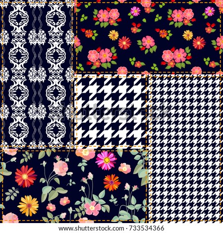 Trendy patchwork design. Set of checkered and floral seamless vector patterns. Vintage composition with roses, dog roses and gerbera. Retro textile collection. Black, red, pink, white.