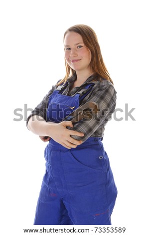 Young woman (Erin Crafts, DIY designer, trainee) with long blond hair wearing a plaid shirt and a blue work overalls. Isolated against a white background.