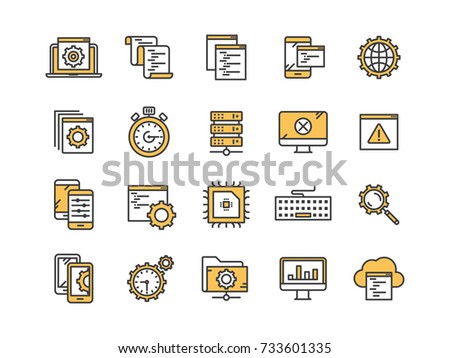Seo and app development. Search engine optimization. Internet, e-commerce.Thin line yellow web icon set. Outline icons collection. Vector illustration.