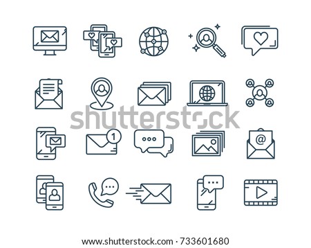 Communication. Social media. Online chatting. Phone call, app messenger. Mobile,smartphone. Computing.Email. Thin line web icon set. Outline icons collection. Vector illustration. Royalty-Free Stock Photo #733601680