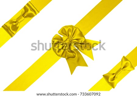 Set of three lemon silk gift bows with three ribbons on white background