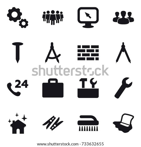 16 vector icon set : gear, team, monitor arrow, group, nail, draw compass, brick wall, drawing compass, suitcase iocn, repair tools, wrench, house cleaning, clothespin, brush, floor washing