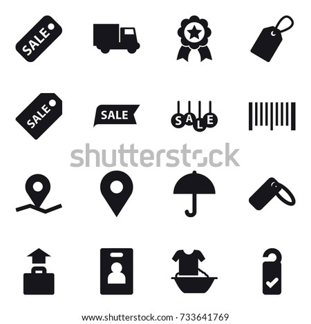 16 vector icon set : sale, truck, medal, label, sale label, barcode, baggage, identity card, handle washing, please clean