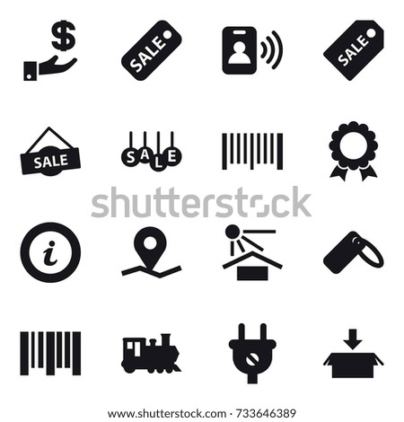 16 vector icon set : investment, sale, pass card, sale label, barcode, medal, info, train, package