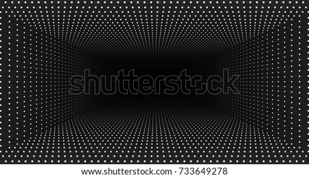 Vector infinite rectangular tunnel of shining flares on monochrome background. Glowing points form tunnel. Abstract cyber colorful background. Elegant modern geometric wallpaper. Shining points Royalty-Free Stock Photo #733649278