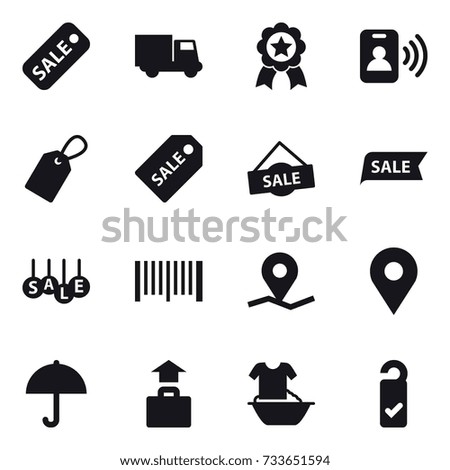 16 vector icon set : sale, truck, medal, pass card, label, sale label, barcode, baggage, handle washing, please clean