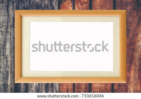 copy space Top view object one Classic wooden empty Realistic square shape picture frame on old wooden board Crack decay Degraded background