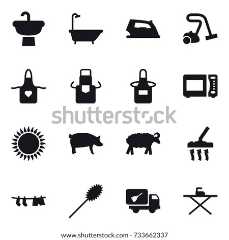 16 vector icon set : bath, iron, vacuum cleaner, apron, pig, sheep, drying clothe, duster, home call cleaning, iron board
