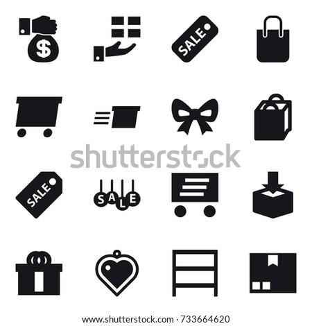 16 vector icon set : money gift, gift, sale, shopping bag, delivery, bow, sale label, heart pendant, rack, package