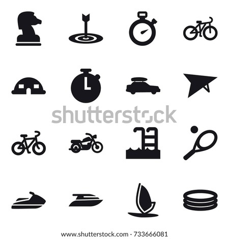 16 vector icon set : chess horse, target, stopwatch, bike, dome house, car baggage, deltaplane, motorcycle, pool, tennis, jet ski, yacht, windsurfing, inflatable pool