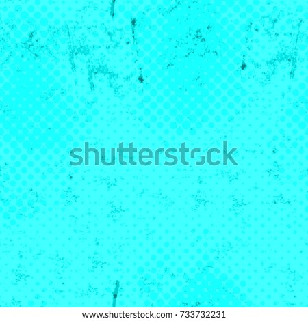 Seamless color grunge turquoise background. Halftone elements. Texture of spots, stains, ink, dots, scratches. Vintage damaged cyan design backdrop. Abstract square aged green wall
