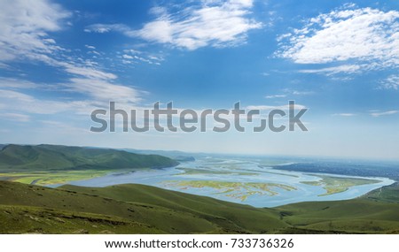 A wonderful view from the mountain to the bay with small islands. A tourist place in Russia. Khakassia.