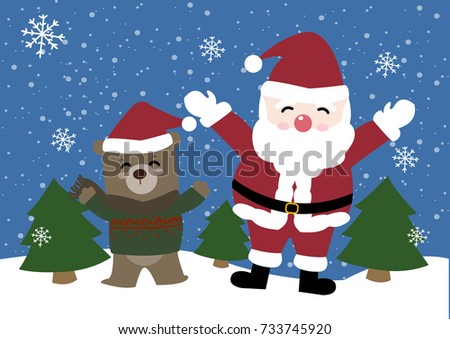 Cute Christmas characters: Santa Claus and a bear under the snowy sky, vector illustration