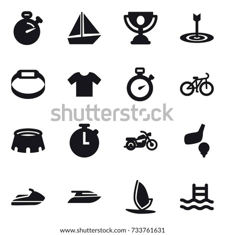 16 vector icon set : stopwatch, boat, trophy, target, smart bracelet, t-shirt, bike, stadium, motorcycle, golf, jet ski, yacht, windsurfing, pool