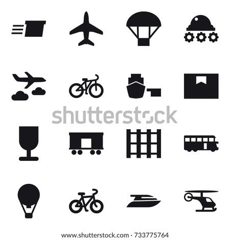 16 vector icon set : delivery, plane, parachute, lunar rover, journey, bike, bus, air ballon, yacht