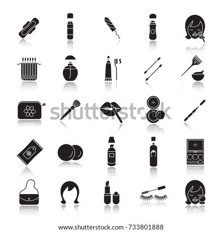 Cosmetics accessories drop shadow black glyph icons set. Women goods. Hygienic care products. Toiletries. Makeup. Isolated raster illustrations