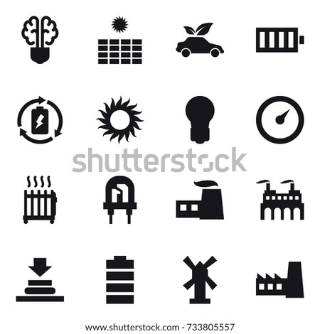 16 vector icon set : bulb brain, sun power, eco car, battery, battery charge, sun, bulb, barometer, radiator, windmill, factory