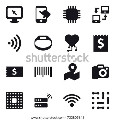 16 vector icon set : monitor arrow, touch, chip, notebook connect, wireless, smart bracelet, cardio chip, receipt, barcode, camera