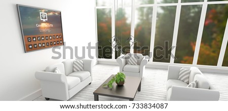 Text with various icons on device screen against graphic image of modern living room