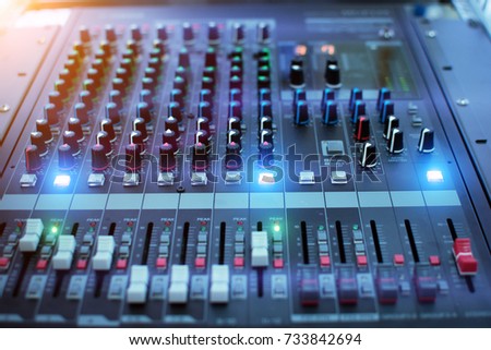 Power Mixer.Sound mixer controller in the control room.Sound mixer control for live music and studio equipment.This is a quality audio system for professionals.