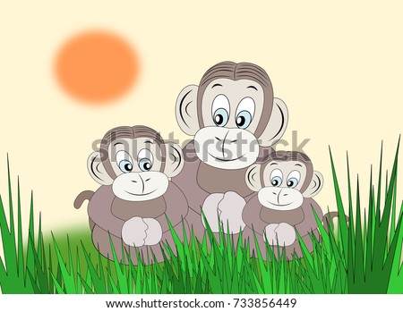 Three monkeys sitting together in the grass. 

