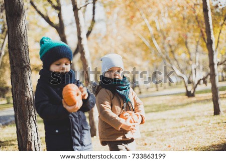 little baby boy in autumn Park with pumpkin, friends playing in the Park