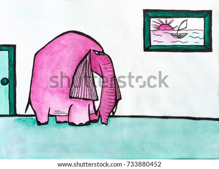 Watercolor illustration of pink elephant in the room with picture on the wall