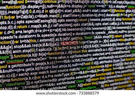 Macro photo of computer screen with program source code and highlighted HIJACKER inscription in the middle. Script on the screen with virus in it. Cyber security concept. Technology background.