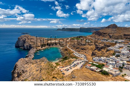 Aerial view of Lindos, island of Rhodes, Dodecanese, Greece