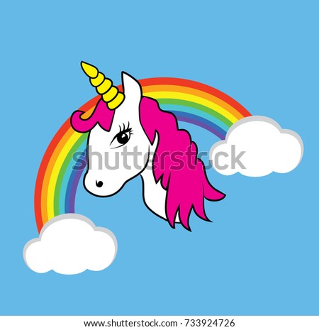 vector illustration of a magical unicorn head with rainbow horn isolated on white background. magic cartoon animal. rainbow with white clouds in the blue sky.