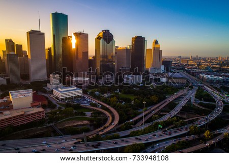 Amazing colorful sunrise in Houston Texas interstate urban sprawl metropolis mega American city