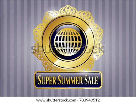  Gold emblem or badge with globe, website icon and Super Summer Sale text inside
