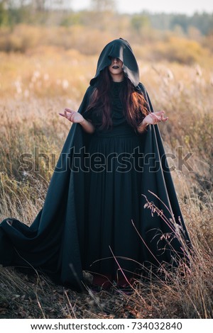 A girl in a black dress, a cloak with a hood. It stands in a high dry grass in the field against the background of the forest. Witch Costume, Satanist, Necromancer, Halloween Costume.