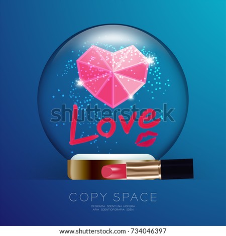Souvenir Valentine Snowball Glass glitter with pink heart symbol, Love text write by lipstick and kisses set illustration isolated on blue gradient background, with copy space
