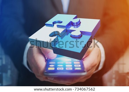 View of  Four puzzle pieces making a logo on a futuristic interface - 3d rendering