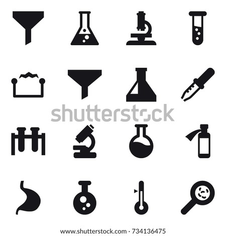 16 vector icon set : funnel, flask, microscope, vial, electrostatic, thermometer, viruses