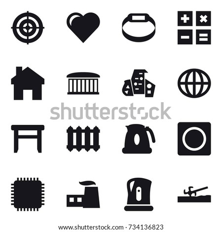 16 vector icon set : target, heart, smart bracelet, calculator, home, airport building, modern architecture, globe, stool, radiator, kettle, ring button, soil cutter