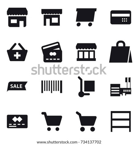 16 vector icon set : shop, delivery, credit card, add to basket, market, shopping bag, sale, barcode, cargo stoller, mall, cart, rack