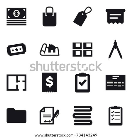 16 vector icon set : money, shopping bag, label, atm receipt, ticket, project, panel house, drawing compass, plan, towels, clipboard list