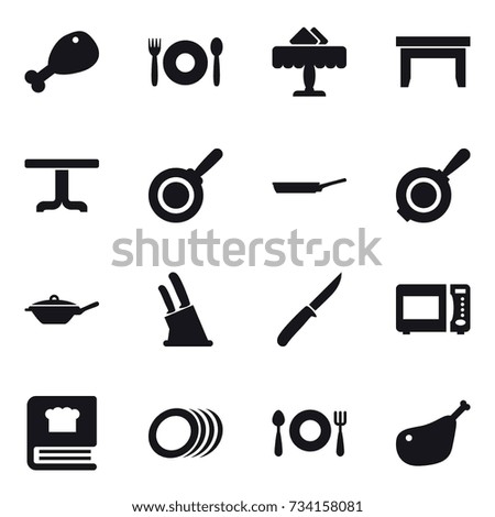 16 vector icon set : chicken leg, cafe, restaurant, table, pan, knife holder, knife